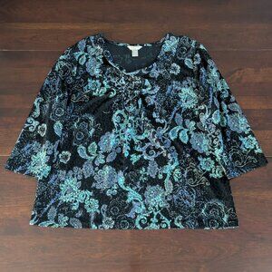 White Stag XL Black Velvet Burnout Cowl Neck Blouse Whimsigoth Witchy Celestial